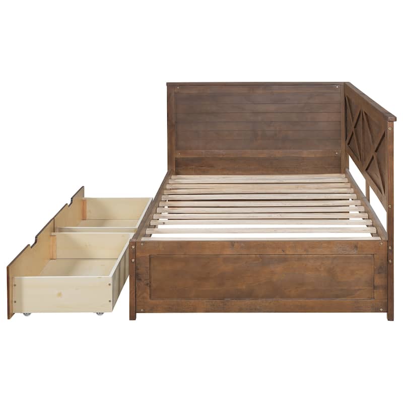 Twin Size Wood Daybed with 2 Drawers and Rustic Guardrail