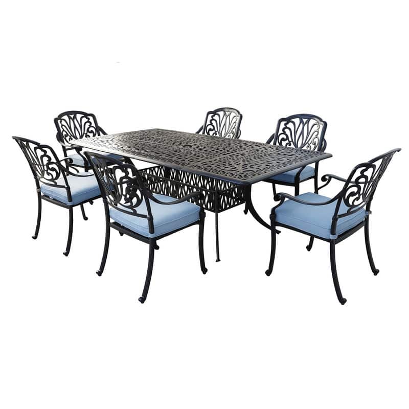 Saratoga 7-piece Gun Metal Aluminum Rectangle Dining Set with 6 Cushioned Arm Dining Chairs