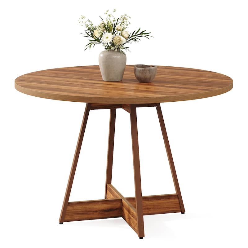39.4" Wood Round Dining Table for 4, Reinforced Cross-Base Pedestal - Brown