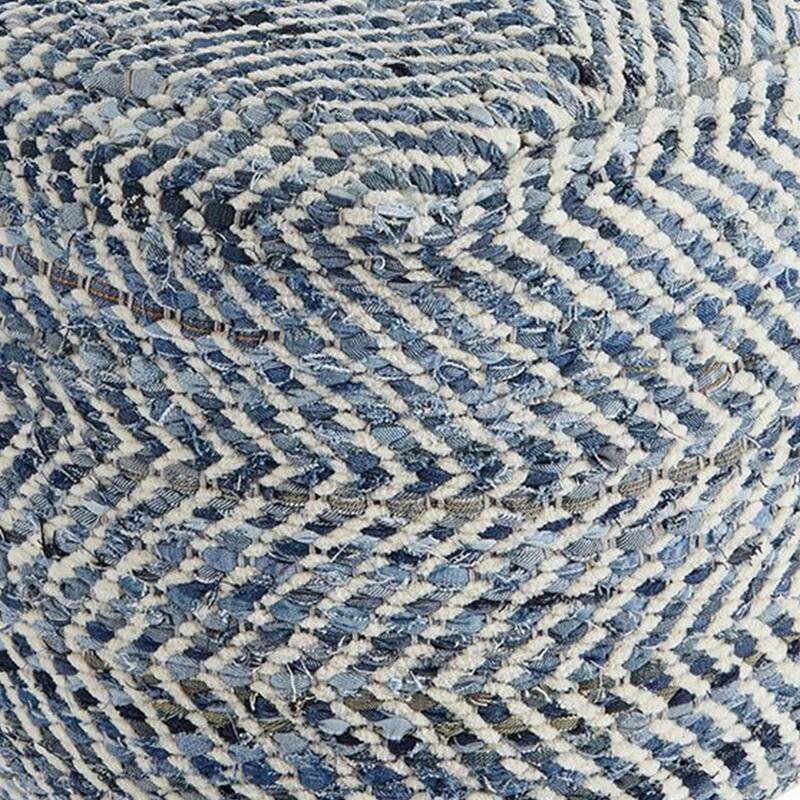 Fabric Round Shaped Pouf with Chevron Pattern, Blue