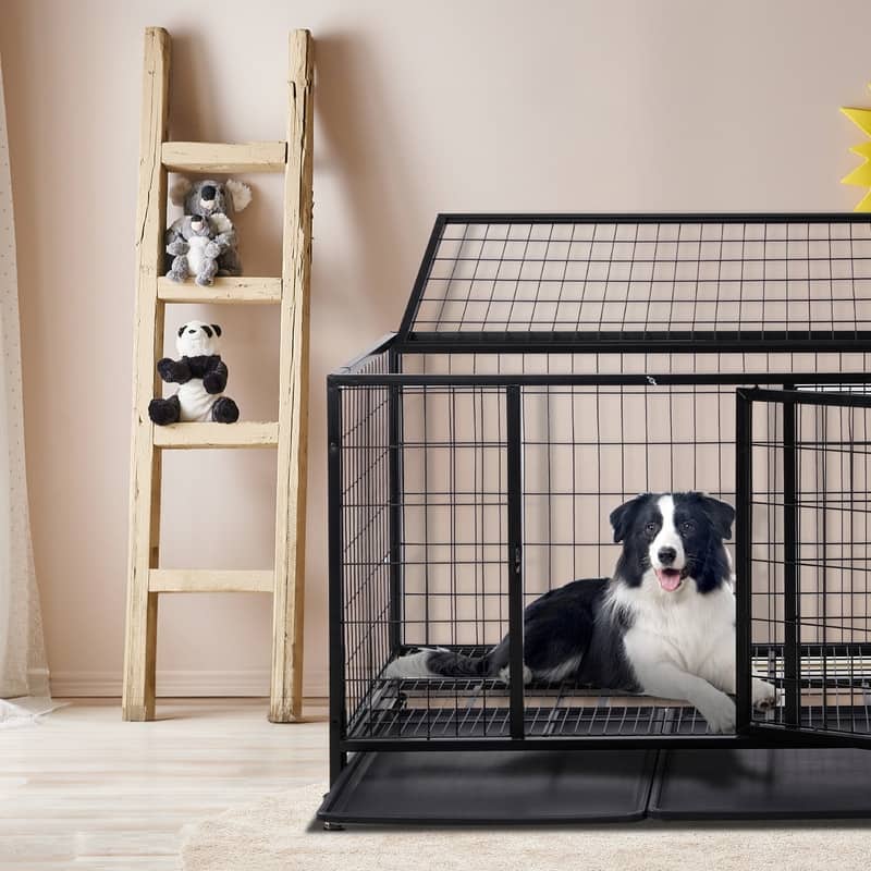 Heavy Duty Pet Playpen for Training Indoor Outdoor with Plastic Tray, Double Doors & Secure Lock