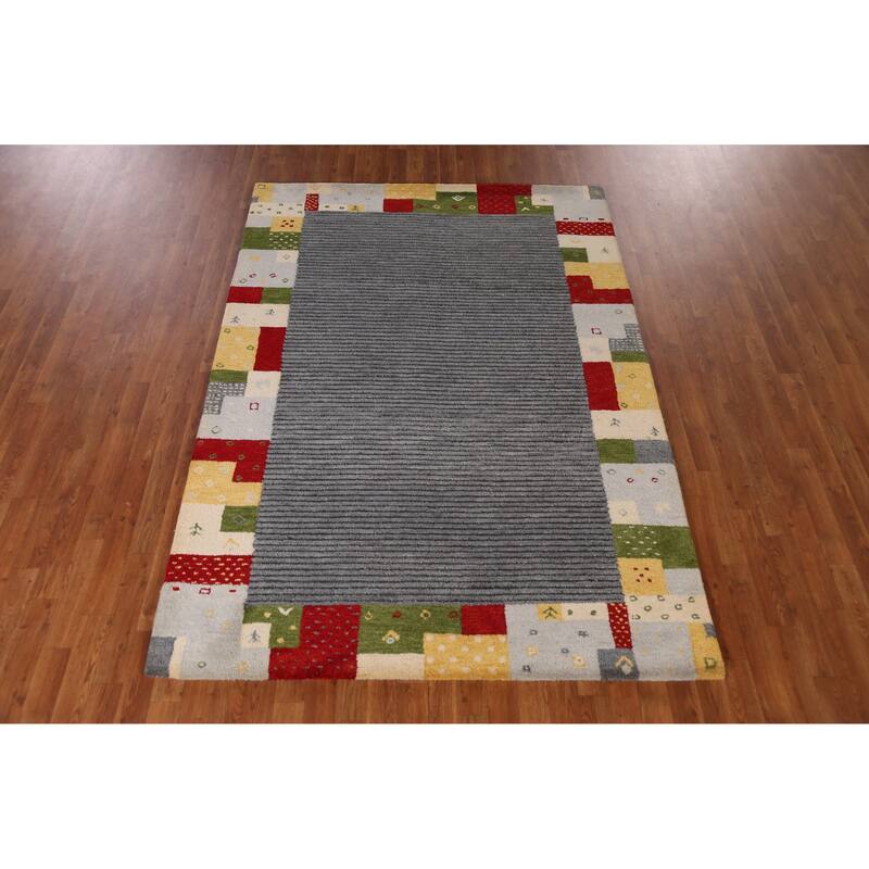 Striped Geometric Gabbeh Indian Area Rug Hand-Tufted Wool Carpet - 5'3" x 7'7"