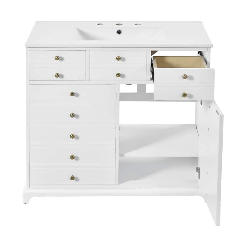 Roomfitters 36" Vanity with Ceramic Sink, Solid Wood Cabinet with 2 Drawers and Soft Closing Doors, Freestanding Design, White