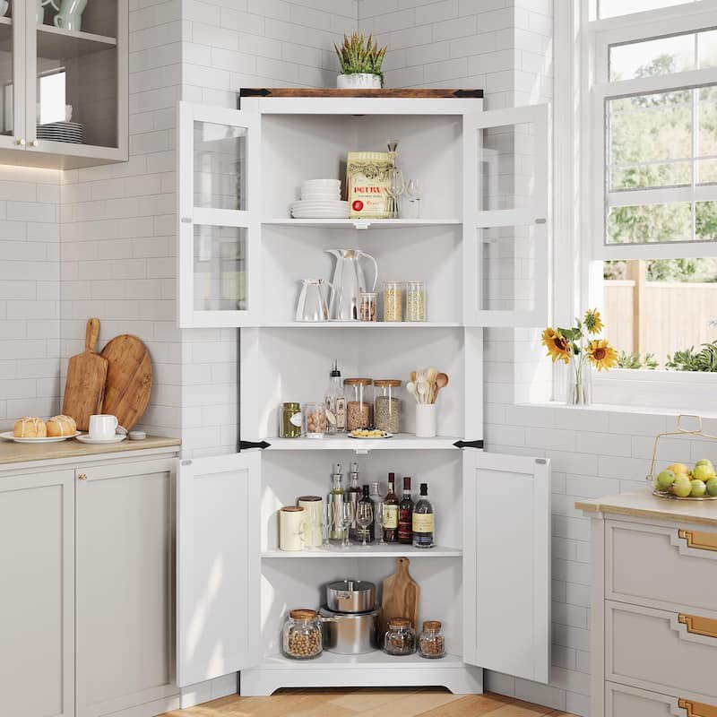 67" Tall Corner Storage Cabinet with Lights, Farmhouse Corner Hutch Display Cabinet with Glass Doors