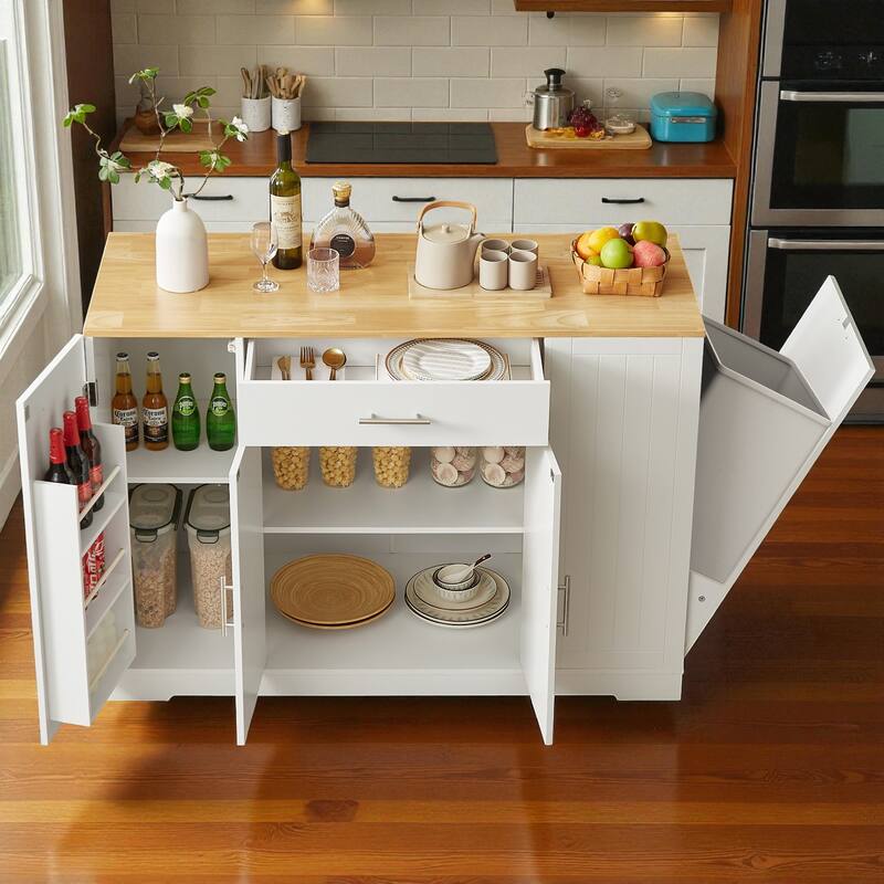 53" Modern Farmhouse Kitchen Island with Drawer, Tilt-Out Trash Can Storage, Adjustable Shelves & Spice Rack for Kitchen