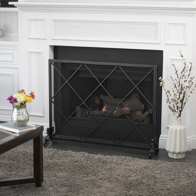 Roomfitters Modern Geometric Fireplace Screen, Single-Panel Design with Stylish Circle Patterns and Durable Mesh - Black-Diamond Lattice
