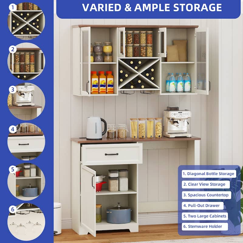 Moasis Kitchen Pantry Storage Cabinet with Mini Fridge Storage and Wall Mount Cabinet with Glass Doors