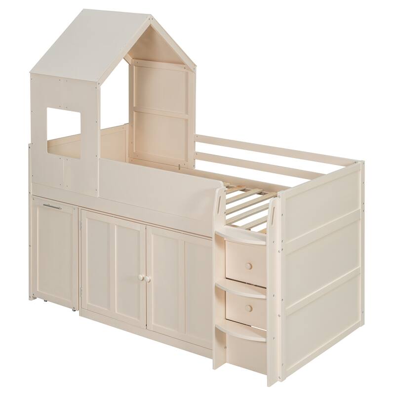 Roomfitters Twin Size House Loft Bed with Rolling Desk, Storage Cabinets and Staircase, All-in-One Space Saving Sleeper