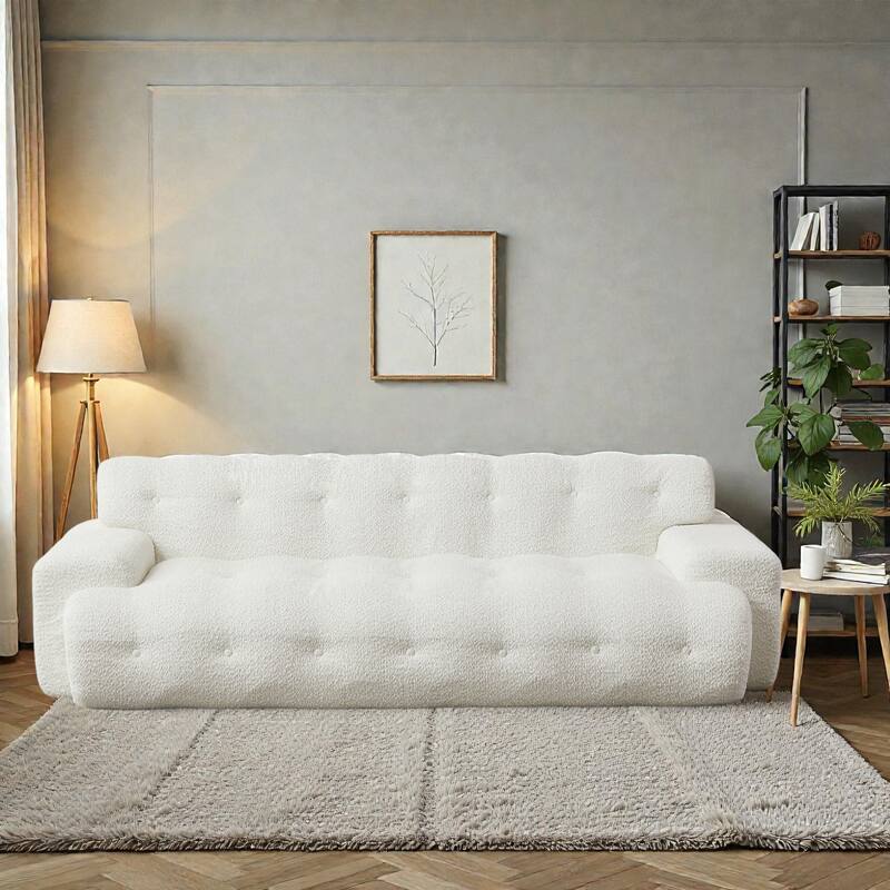 87.4 Inch Cloud Style 3 Seater Sofa, Button Tufted Chenille Upholstered Couch with Square Arms, No Assembly - White