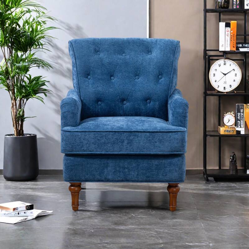 Chenille Fabric Accent Chair with Retro Wooden Legs, High-Density Foam and Spring Cushion, and 300 lbs Weight Capacity - Blue