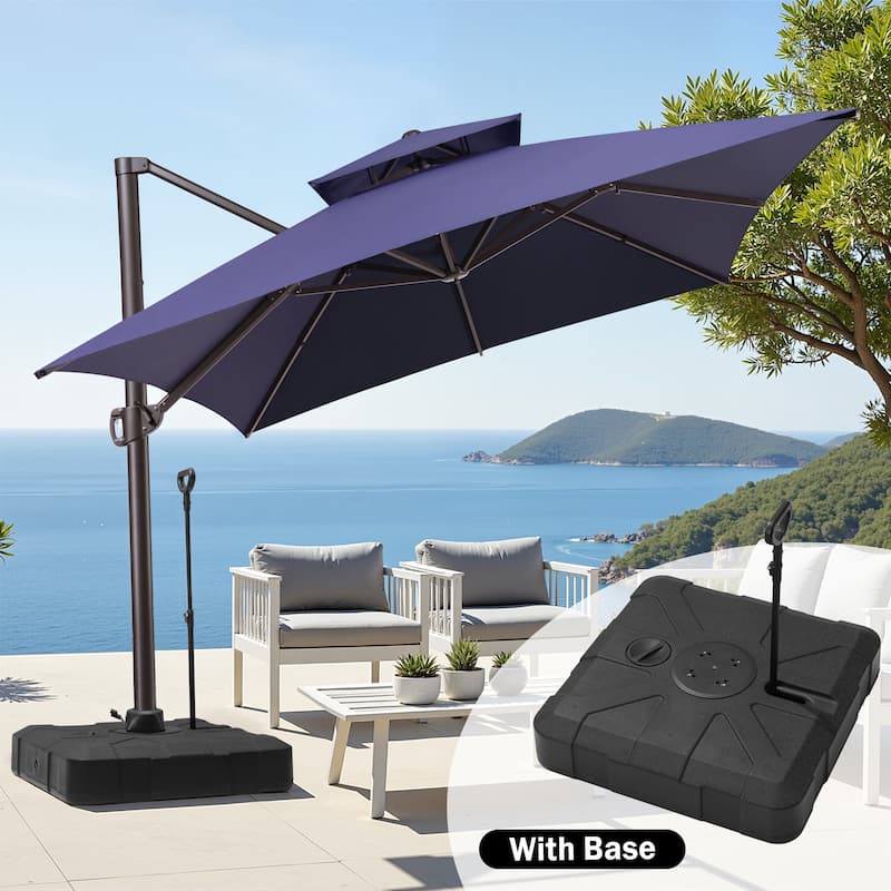 10 x 13 ft Outdoor Aluminum Double Top Patio Offset Cantilever Umbrella with Base - Navy Blue