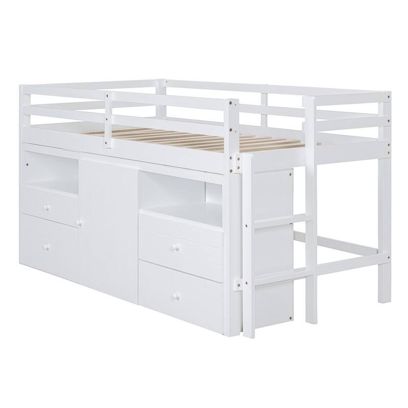 Twin Size Loft Bed with 4 Drawers, Underneath Cabinet and Shelves
