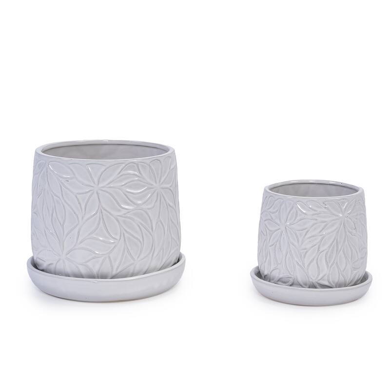 Set of 2 Handmade Modern Embossed Leaf Ceramic Planters with Saucers