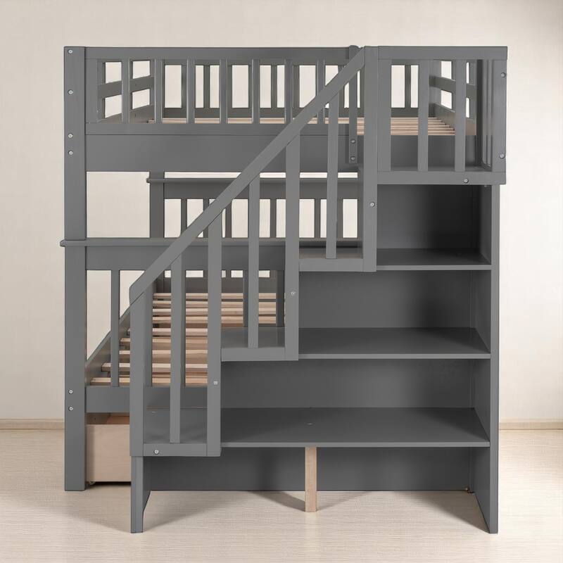 Full Over Full Bunk Bed with Storage Staircase and Shelves, Convertible Design, No Box Spring Needed,kid beds - Grey
