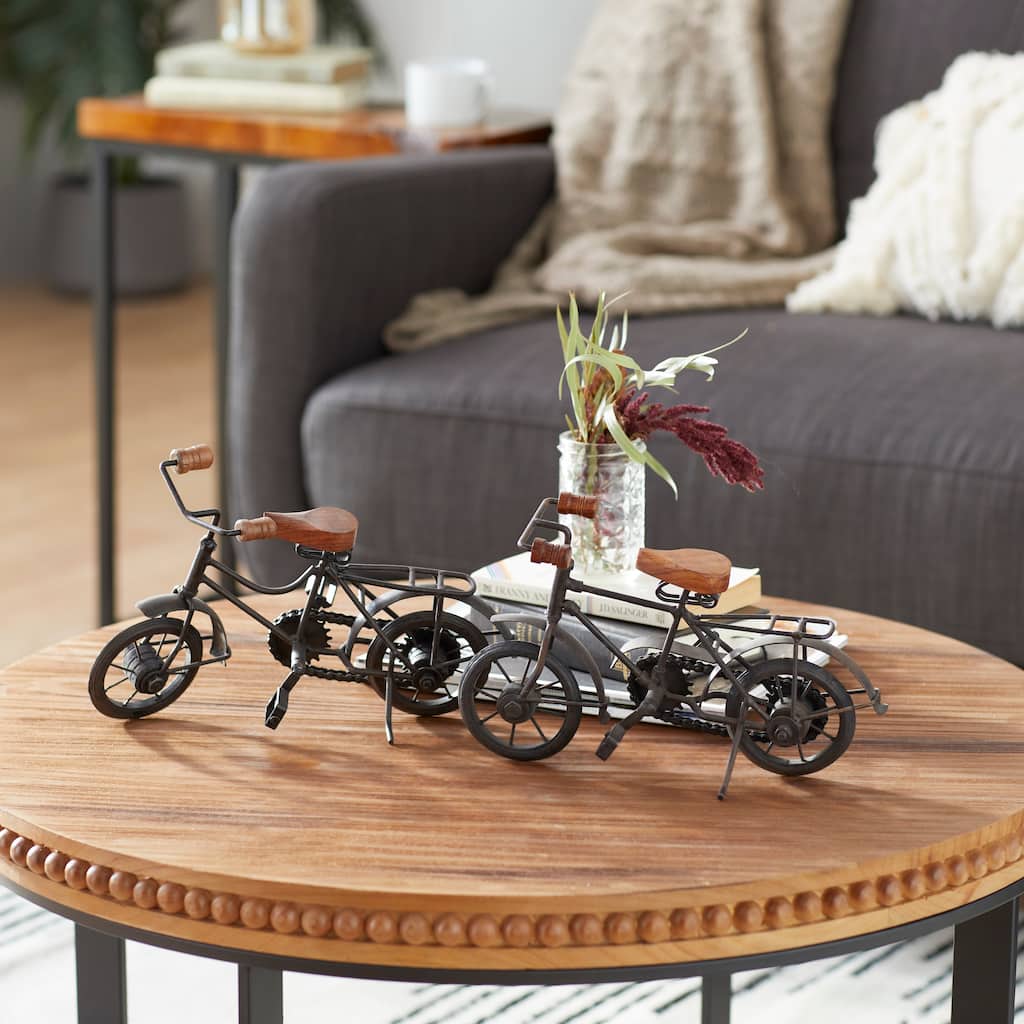 Black Metal Bike Decorative Sculpture with Wood Accents (Set of 2) - 11 x 4 x 7
