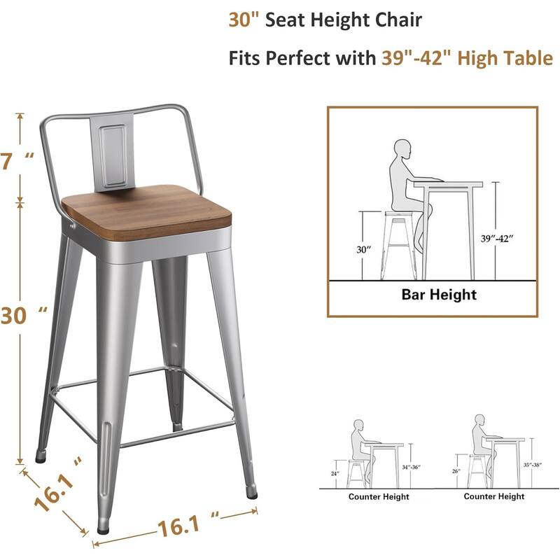 Counter & Bar Stools with Metal Frame Kitchen Stools with Low Back Kitchen Bar Furniture Stools with Square Wooden Seat
