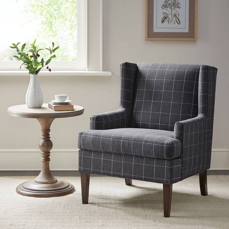 Roomfitters 360 Degree Swivel Accent Chair, Plaid Wingback Armchair, Upholstered Martha Stewart Lounge Seating, Charcoal Grey