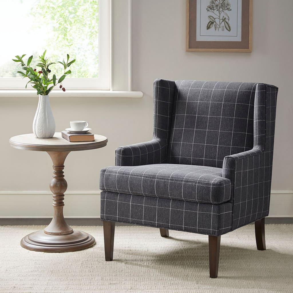 Roomfitters 360 Degree Swivel Accent Chair, Plaid Wingback Armchair, Upholstered Martha Stewart Lounge Seating, Charcoal Grey