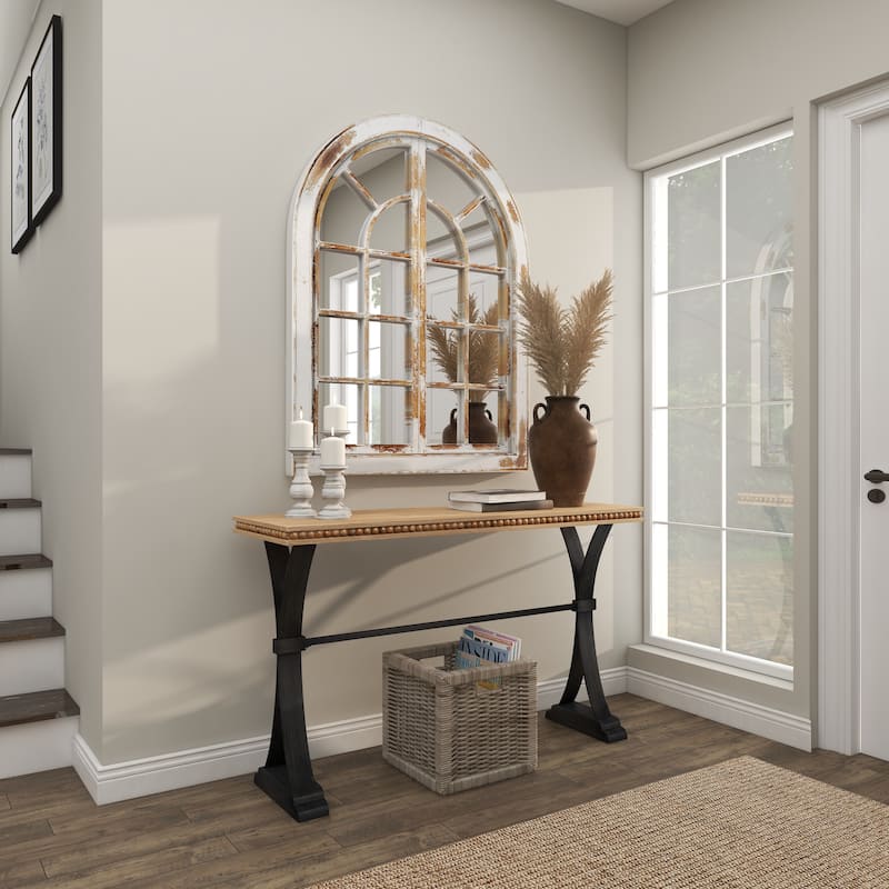 Gray Wood Window Pane Inspired Room Wall Mirror with Arched Top and Distressing