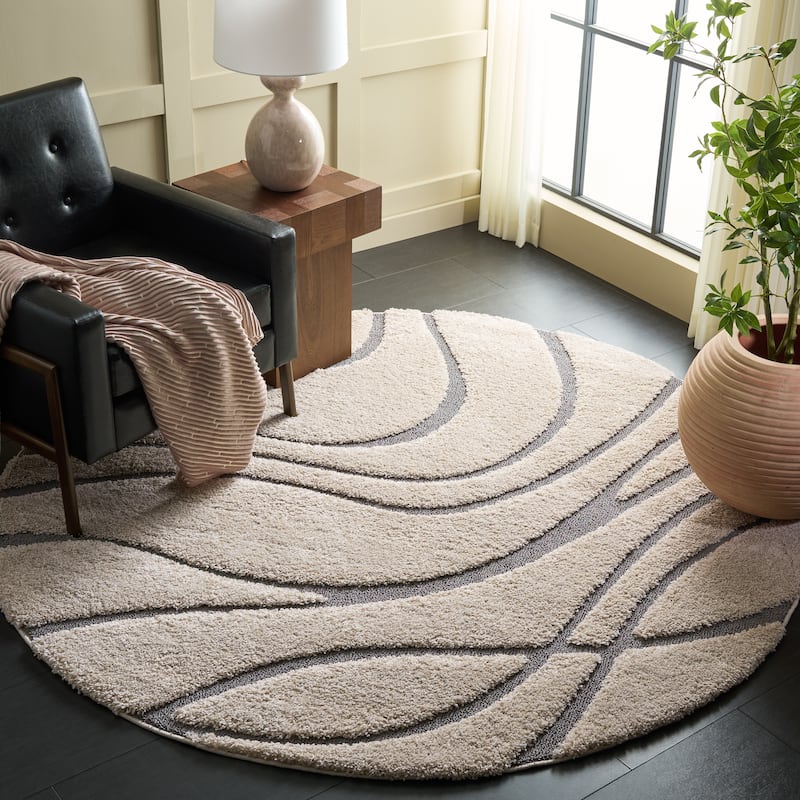 SAFAVIEH Florida Shag Staka Abstract Waves 1.2-inch Area Rug - 4' Round - Cream/Grey