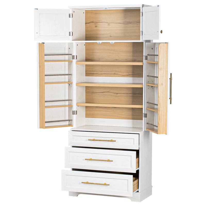 Roomfitters 78" Tall Farmhouse Kitchen Pantry Cabinet with 8 Door Shelves & 3 Large Drawers
