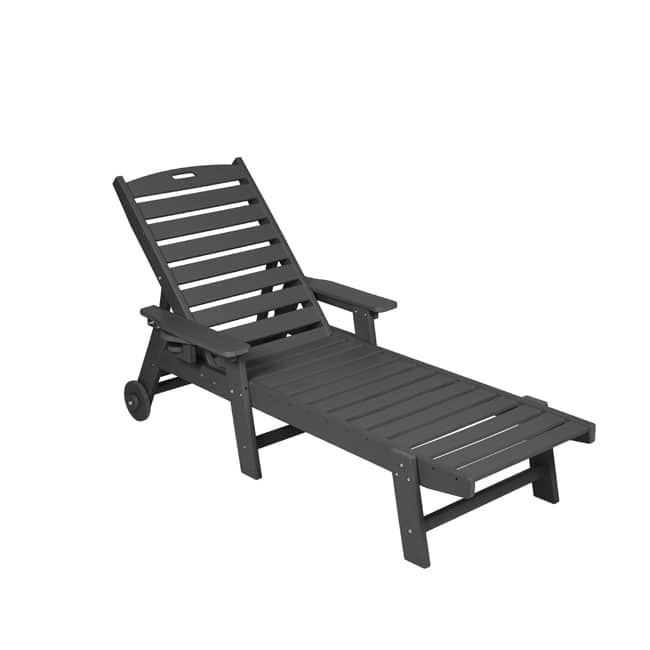 Oversized Outdoor Lounge Chair With Wood Texture‌ - Five-Position Adjustable HDPE Chaise Lounge Featuring Wheels And Cup Holder. - Grey