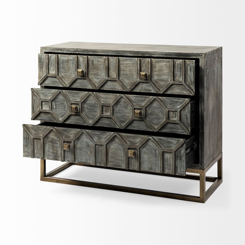 Genevieve I Gray Fir Veneer w/ Iron Frame & 3 Drawer Accent Cabinet - 39.0L x 15.7W x 30.9H
