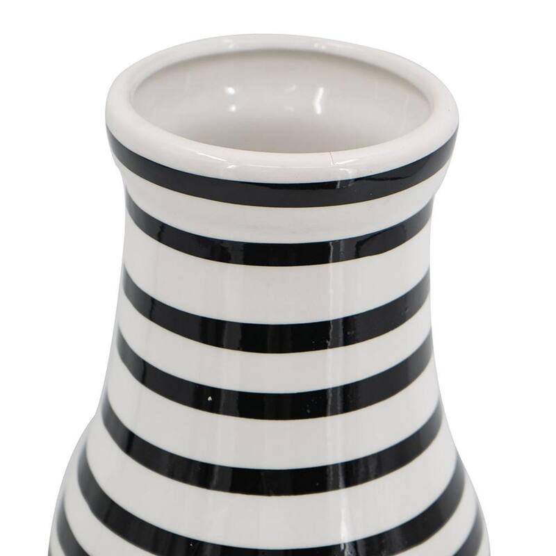 18" Black And White Hand Painted Stripe Ceramic Table Vase - 10.20