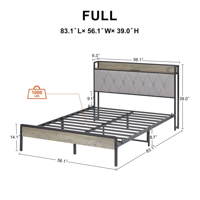 Metal Bed Frame with Charging Station and Slats