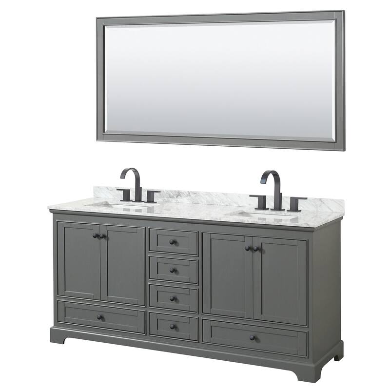 Deborah 72-inch Dark Gray Double Vanity, Square Sinks, 70-inch Mirror - Dark Gray, Black Trim, White Carrara Marble Top