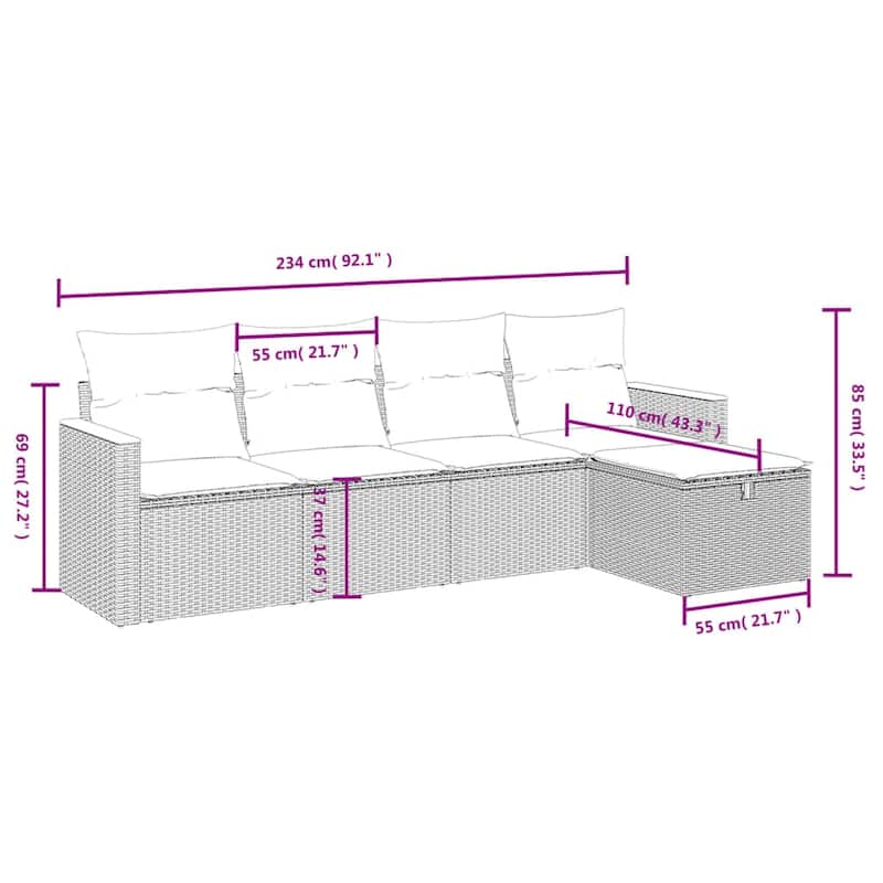vidaXL Patio Sofa Set with Cushions Outdoor Conversation Furniture Poly Rattan - 21.7" x 24.4" x 27.2"