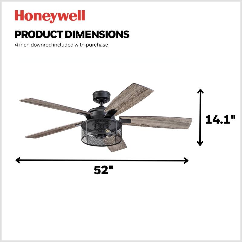 52" Honeywell Carnegie Matte Black Industrial Farmhouse LED Ceiling Fan with Light and Remote Control