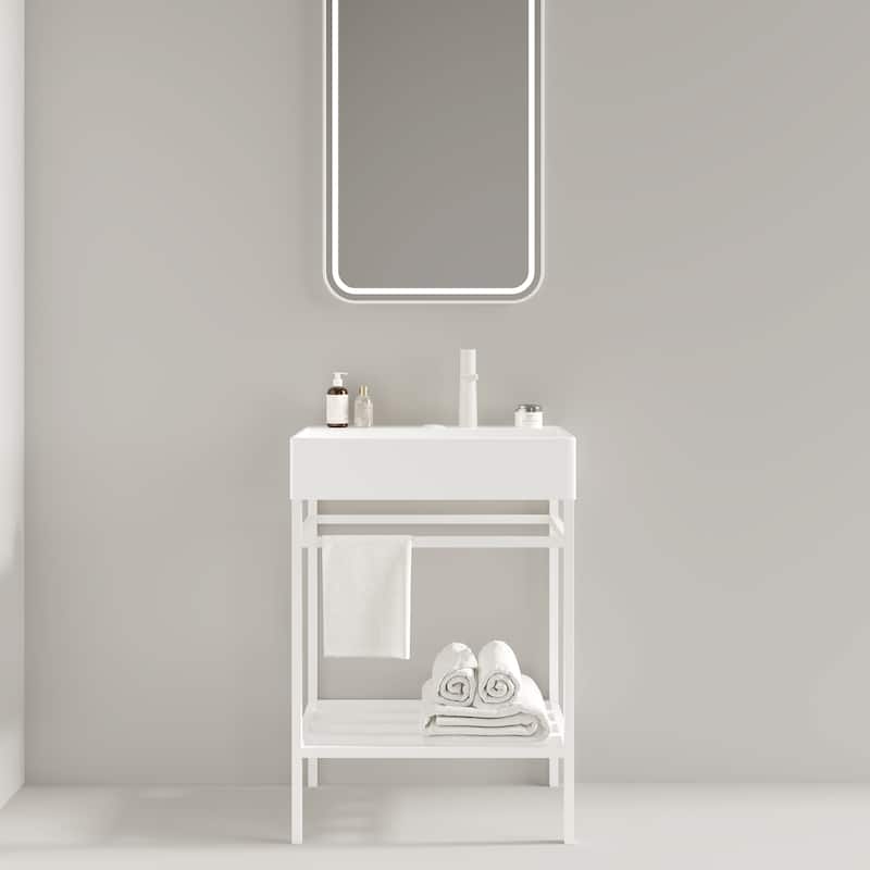 24" Bathroom Vanity with Ceramic Sink, Glossy Red Rectangular Basin, Freestanding Design with Open Metal Le