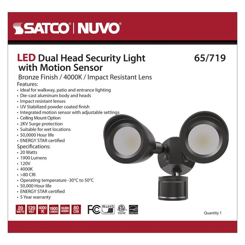LED Security Light Dual Head With Motion Sensor Bronze Finish 4000K