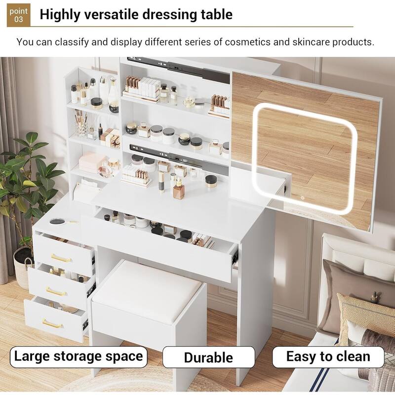 4 Drawers Dressing Table, Makeup Vanity Desk with Mirror and Lights for Bedroom