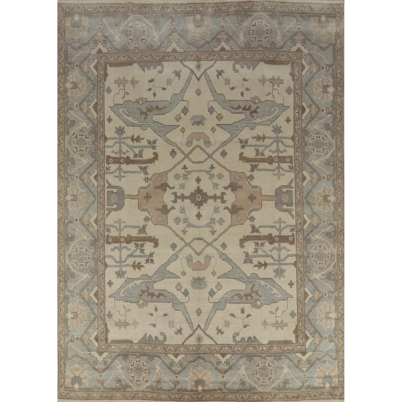 Beige Floral Oushak Indian Area Rug Hand-Knotted Wool Carpet - 8'1" x 9'10"