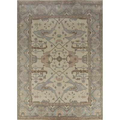 Beige Floral Oushak Indian Area Rug Hand-Knotted Wool Carpet - 8'1" x 9'10"