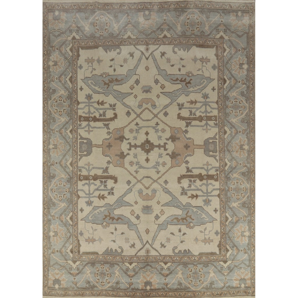 Beige Floral Oushak Indian Area Rug Hand-Knotted Wool Carpet - 8'1" x 9'10"