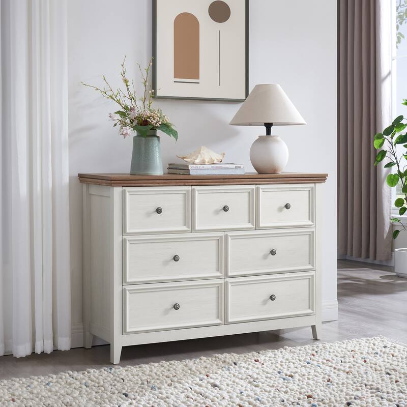 Beige Modern 7-Drawer Dresser, Spacious Clothes Storage Cabinet