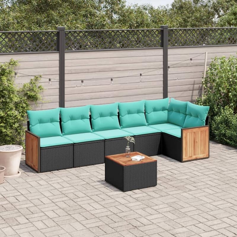vidaXL 6 Piece Patio Sofa Set with Cushions Black Poly Rattan - 21.7x27.2x24.4-With table