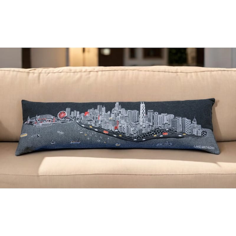 14" X 45" Black Gray and White Hometown Pride Wool Lumbar Throw Pillow - Black Gray and White