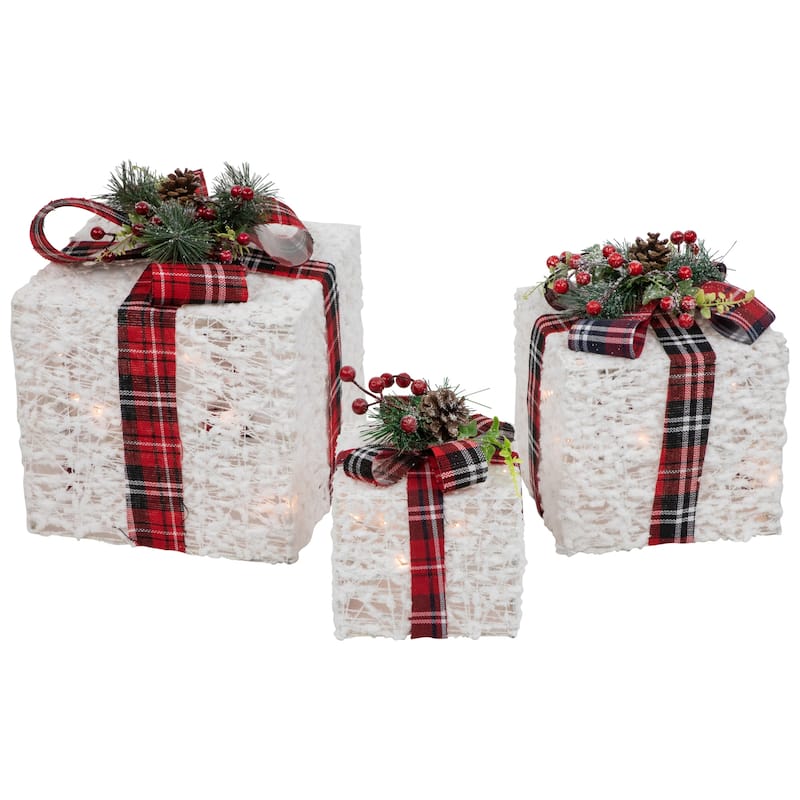Set of 3 Lighted Red Plaid Gift Boxes Outdoor Decorations - 10"