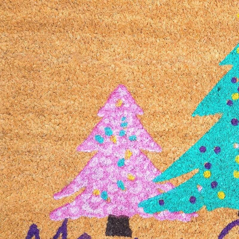 HomeRoots 24" X 36" Brown Green And Pink Christmas Trees Merry Christmas Outdoor Coir Door Mat - 24.00' X '36.00