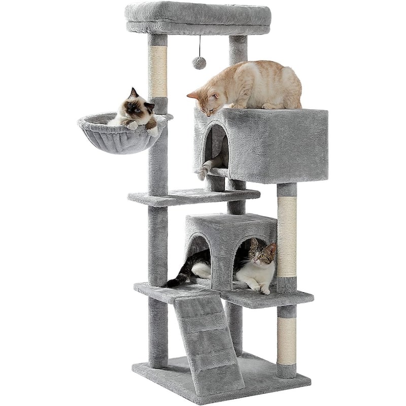 Cat Tree with Large Top Perch, Plush Hammock, 2 Condos, Dangling Pompom & Cat Scratching Posts - Grey