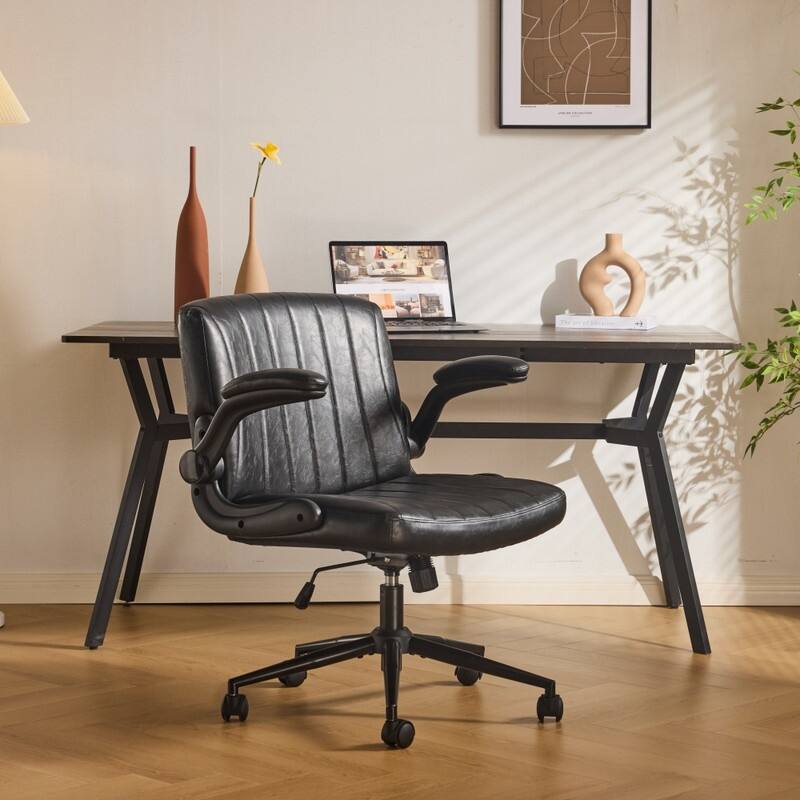 Oil-Waxed Leather Swivel Chair With Flip-Up Armrests