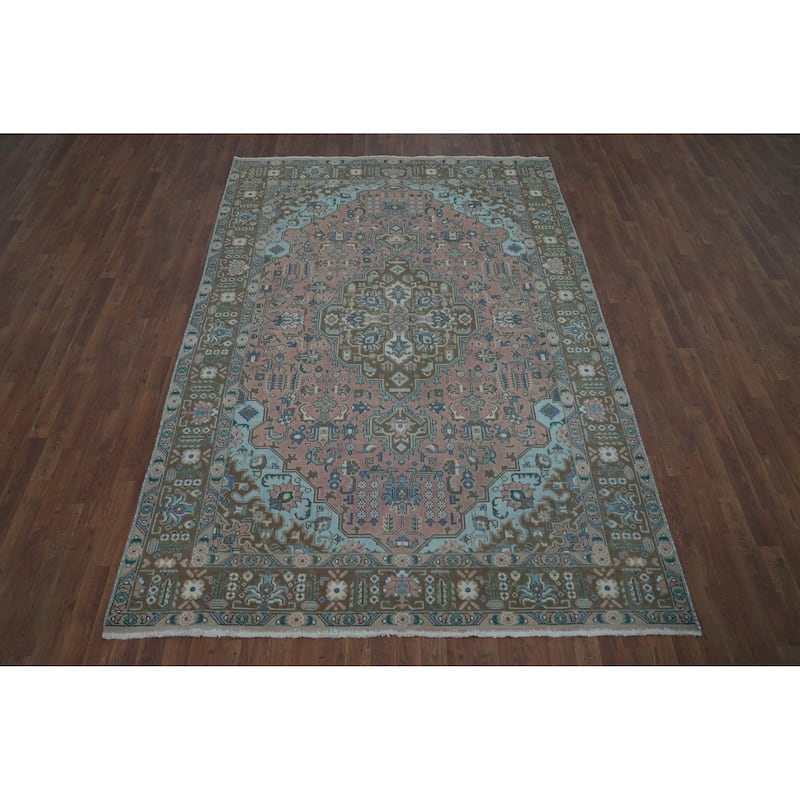 Pink Geometric Tabriz Persian Vintage Rug Handmade Wool Carpet - 6'6" x 9'8"