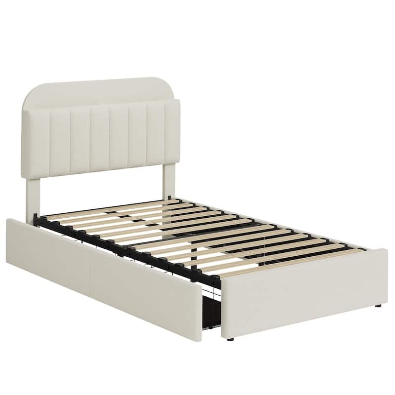 Twin XL/Queen Bed Frame with 2 Flexible Drawers and Bookcase Headboard, Boucle Upholstered Platform Bed for Boys/Girls