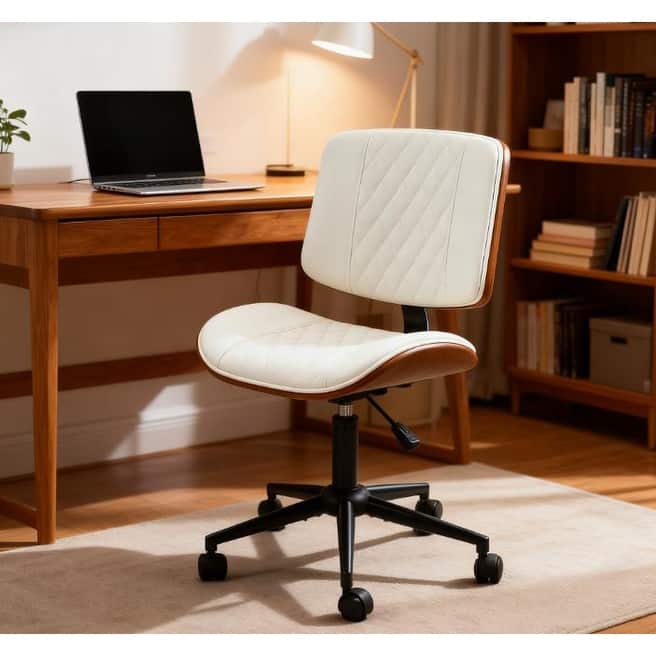Home Office Chair No Arms with Wheels, PU Leather Desk Chair with Adjustable Height - White