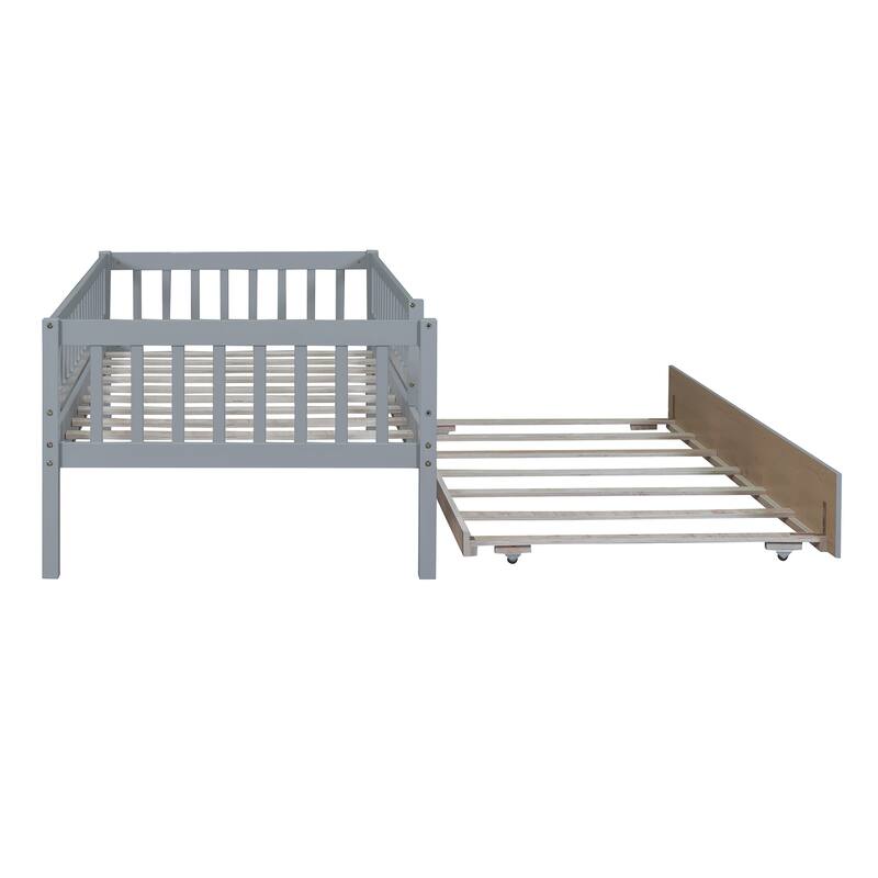 Twin Size Wood Daybed with Pull-Out Trundle and Safety Guardrails in Gray