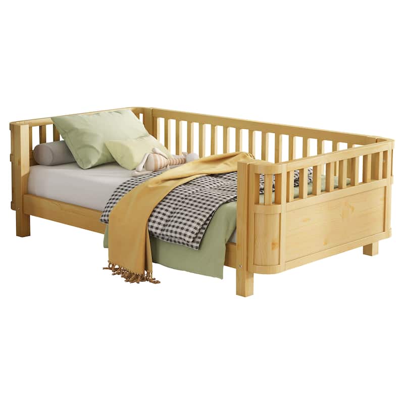 Twin Size Wood Platform Bed for Kids, Wood Low Profile Twin Bed w/ Rails for Girls and Boys - Natural